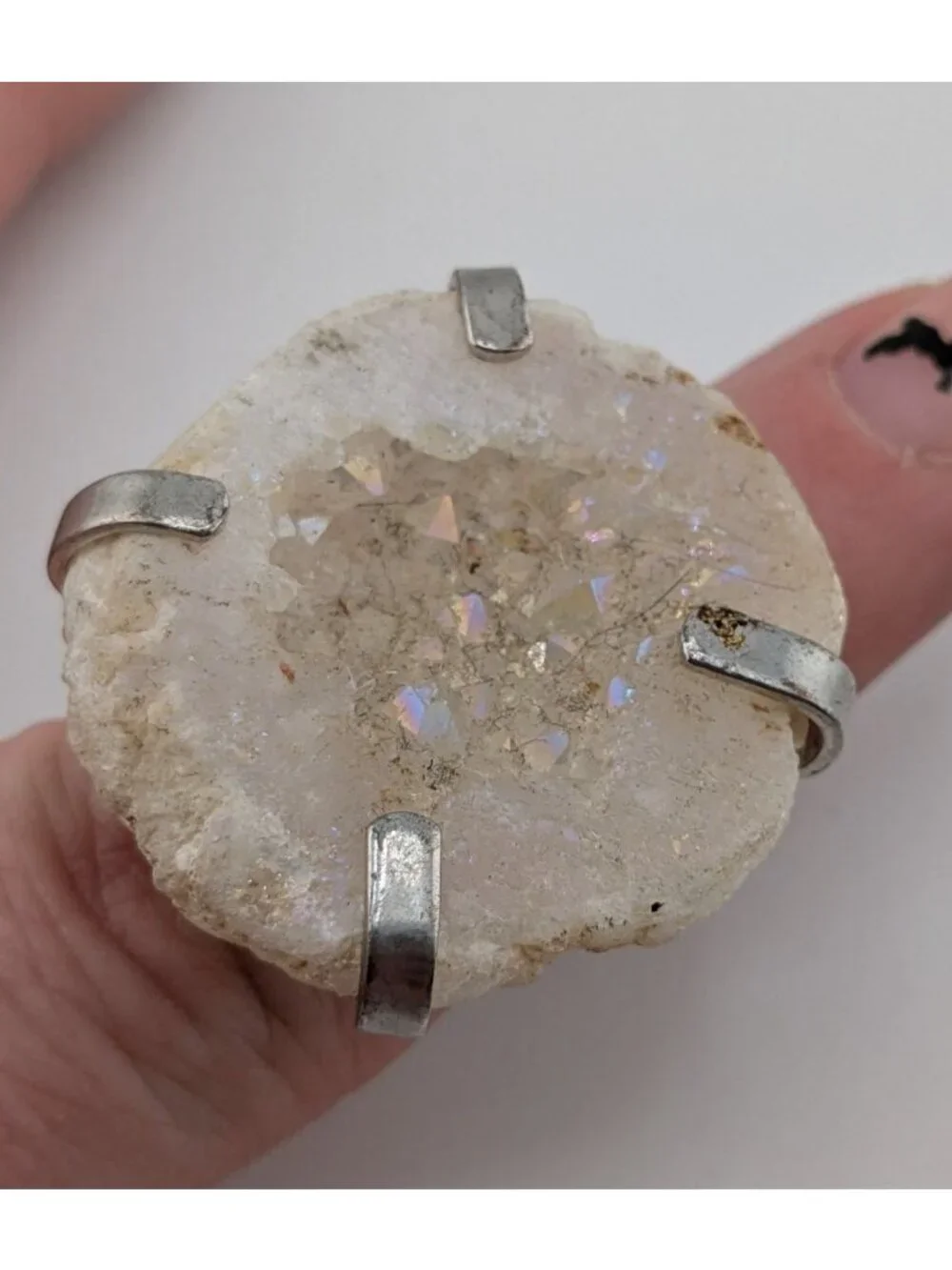 Boho Crystal Geode Druzy Statement Ring Silver Tone Raw Quartz Adjustable